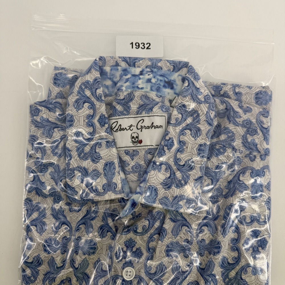 Robert Graham Mens Classic Fit Blue Scroll Print Linen Blend Shirt Size M - Picture 8 of 8